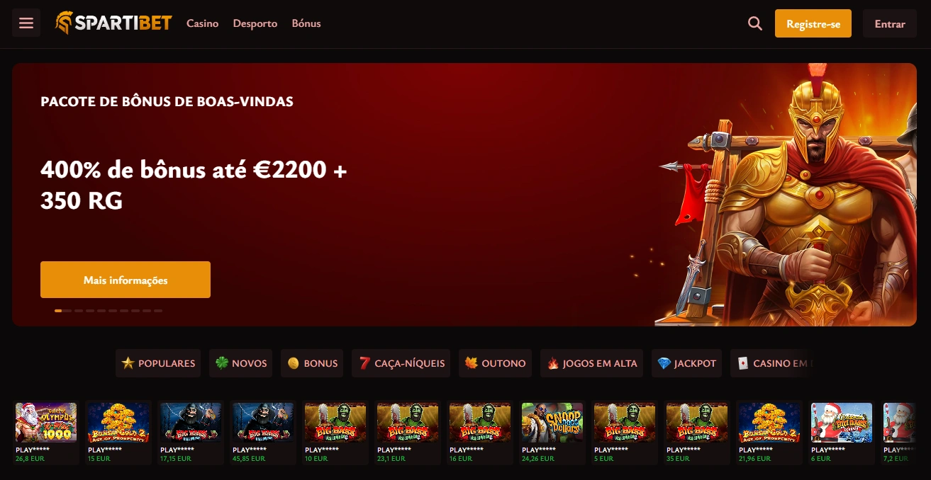 Página principal do casino Spartibet em Portugal